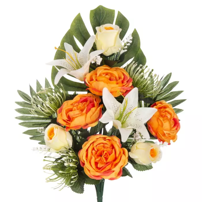 Ramo rosas, peonías y liliums artificiales naranja 53. Ramos flores  artificiales cementerio