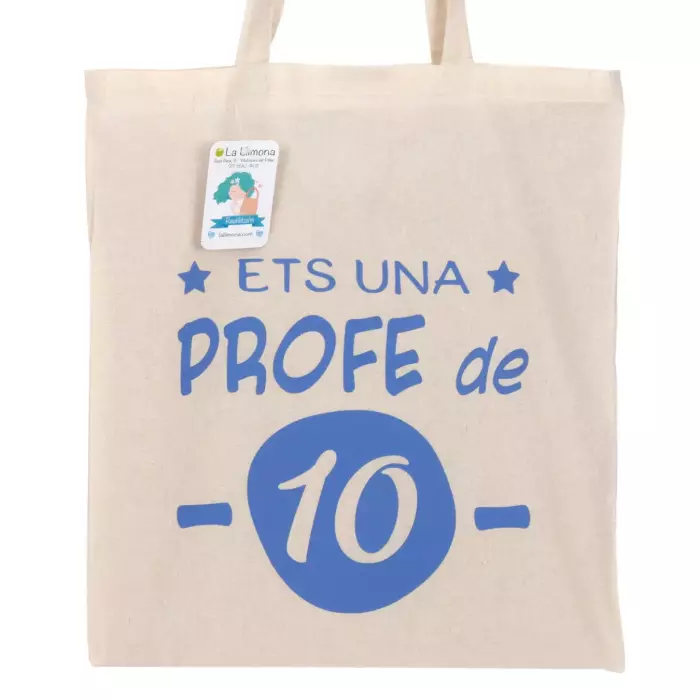 Tote bag 'Ets una Profe de 10' Azul. Bolsa de asas. Bolsas multiusos