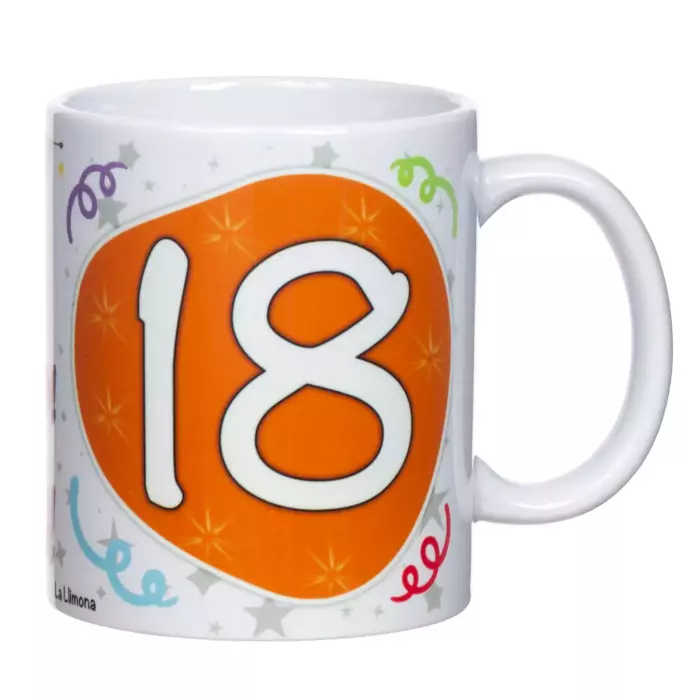 Taza aniversario 18 años Catalán. Tazas con mensaje.