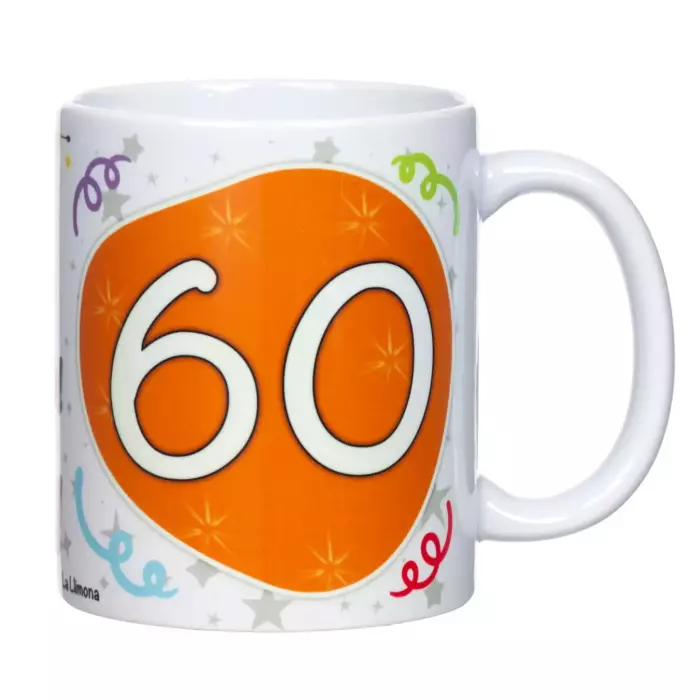 Taza aniversario 60 años catalán. Tazas con mensaje.