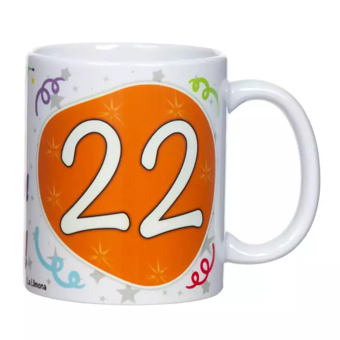 Taza aniversario 22 años catalán. Tazas con mensaje.