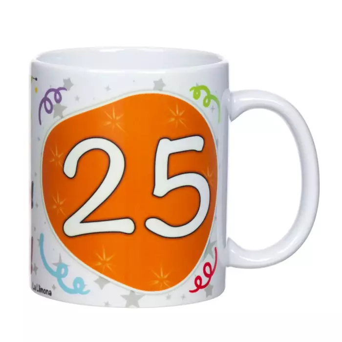 Taza aniversario 25 años castellano. Tazas con mensaje.