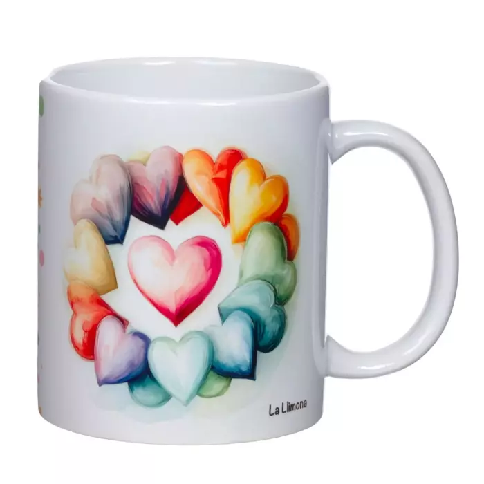 Taza con mensaje 'Corazones multicolor anillo'