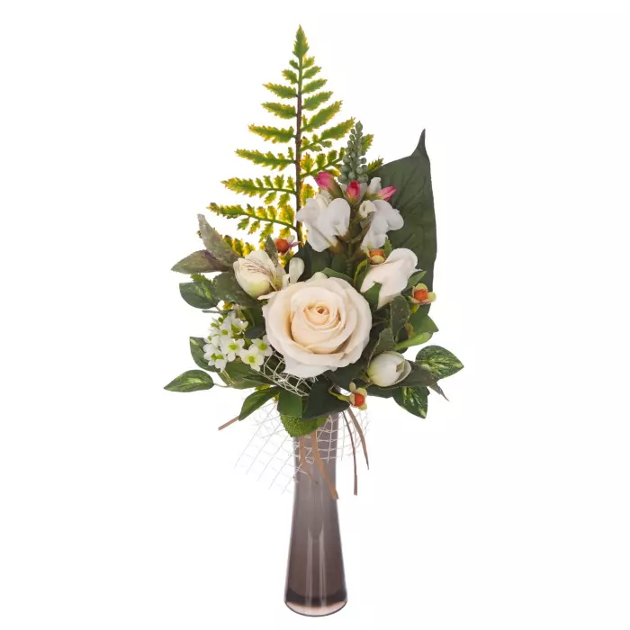 Arreglo floral cymbidium y rosas artificiales blancas jarrón 47. Arreglos  florales artificiales